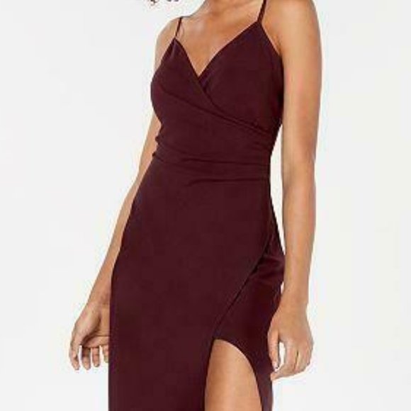 Emerald Sundae Juniors' Wine High Slit Gown Dress - Picture 5 of 10